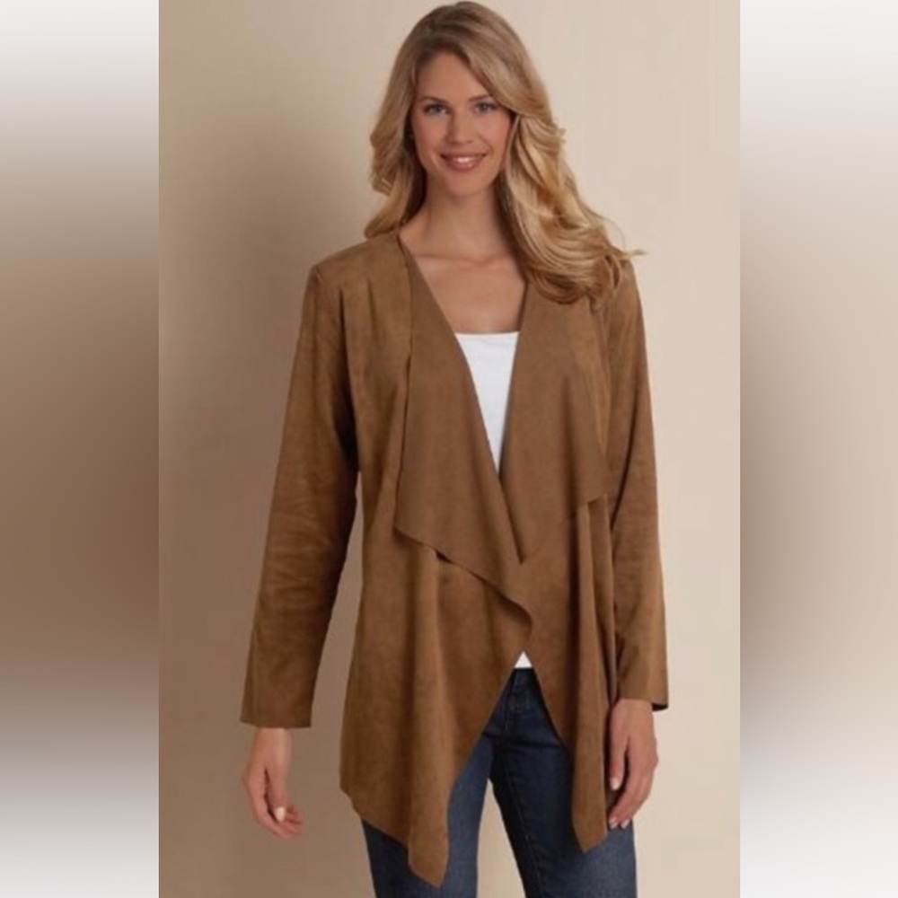 Soft Surroundings Open Front Faux Suede Cardigan Waterfall Size XL.